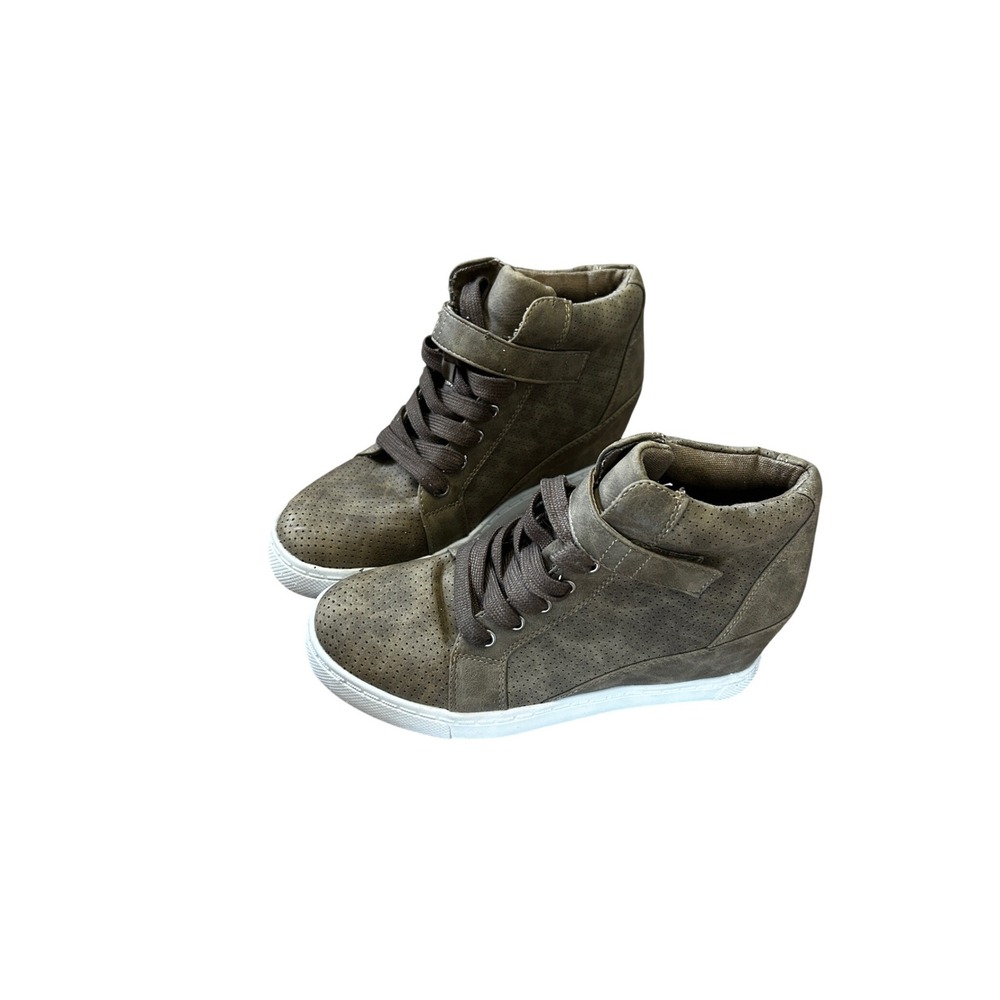 Womens Olive Taupe Perforated Faux Suede High Top Hidden Wedge Sneakers 6.5